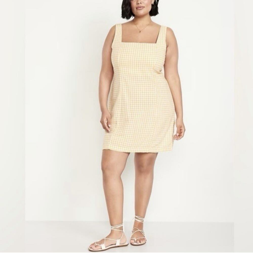 Old Navy Linen Blend Square Neck Yellow White Gingham Mini Dress XXL Smocked NWT